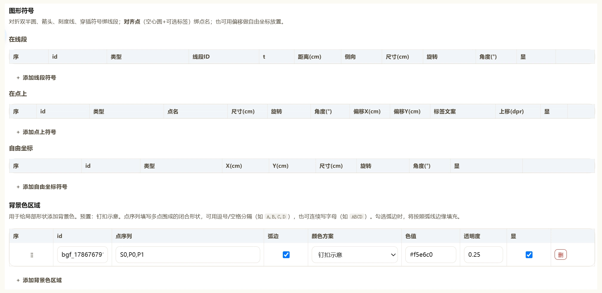 图形符号表与背景色区域：点列、弧边、钉扣示意色值