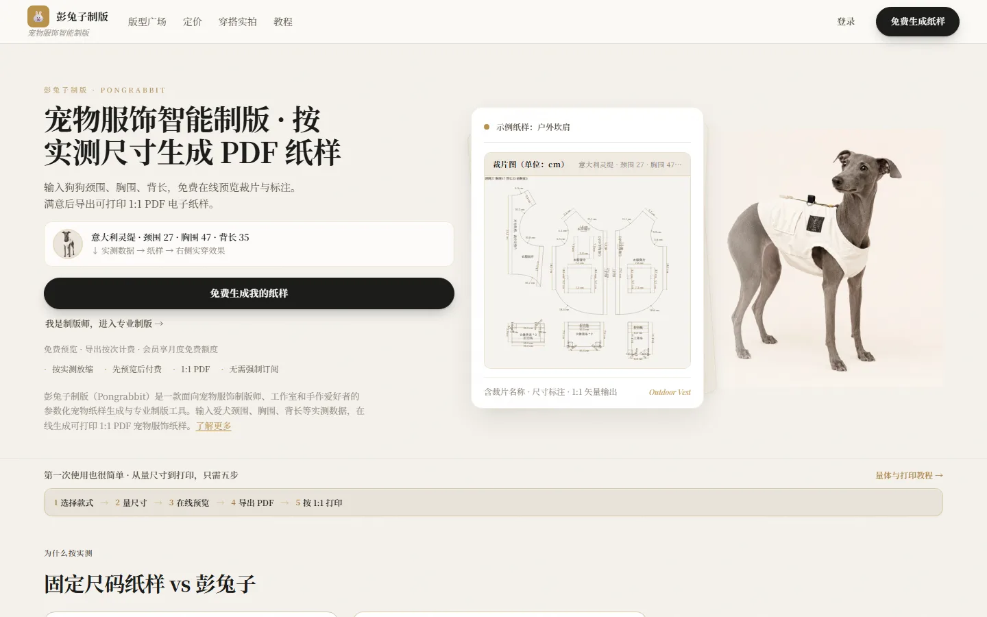 彭兔子首页：免费生成我的纸样与进入专业制版
